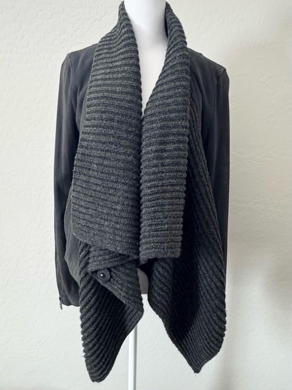Lucky Brand Charcoal Grey Drape Front Leather Jacket